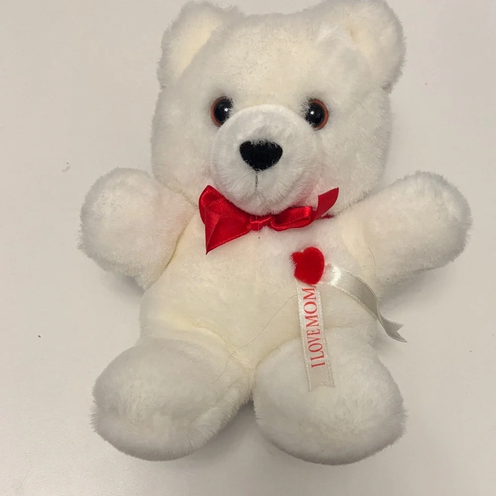 Adorable I LOVE MOM White Plush Bear with Red Bow